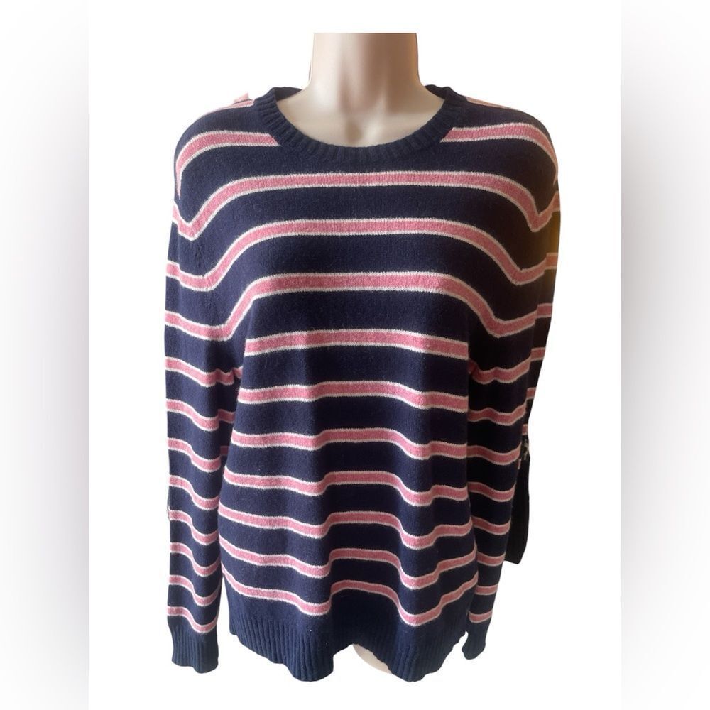 Express 100%Lambs wool Navy and Pink Striped Crew Neck Sweater